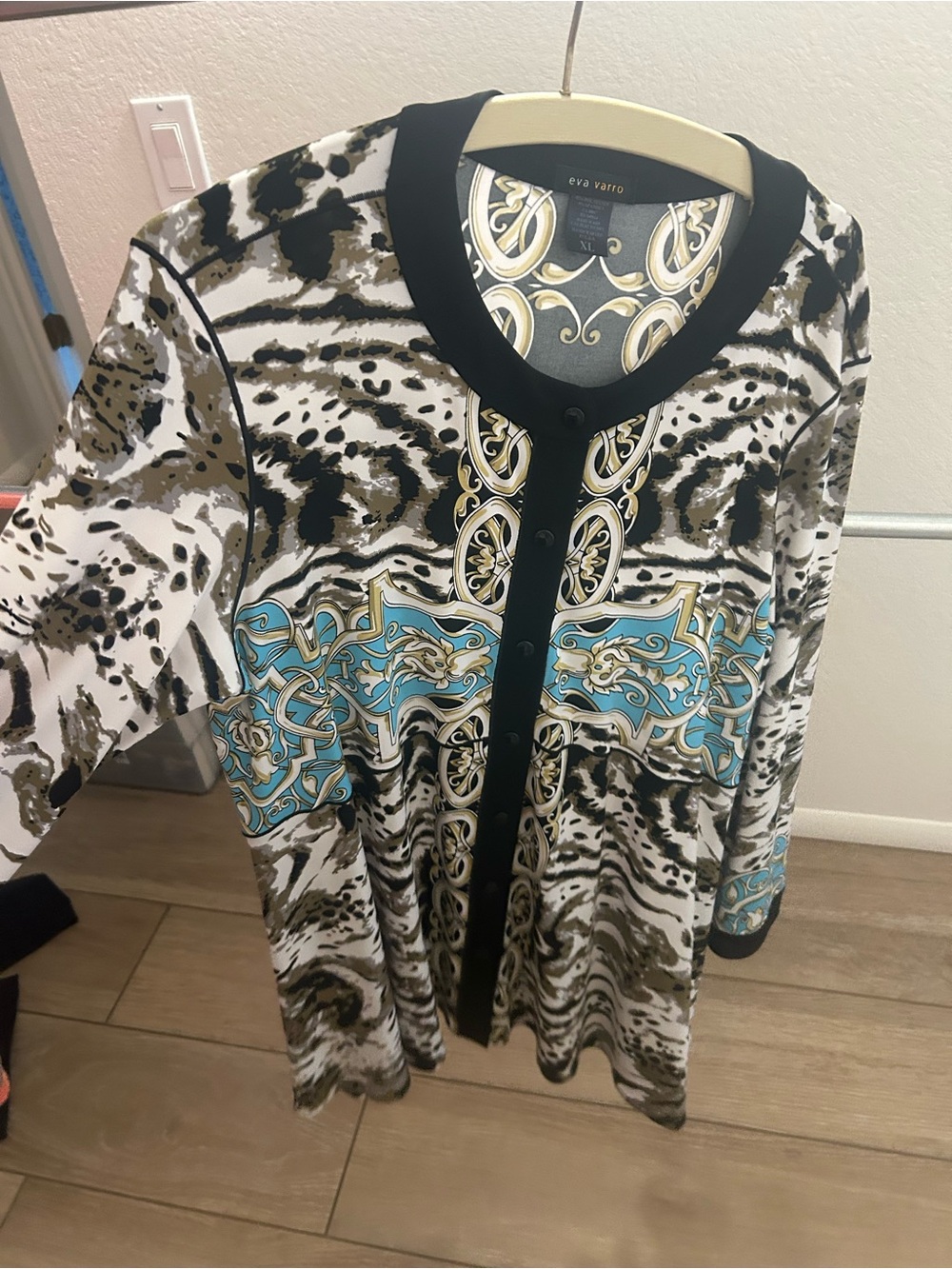 eva varro Black, White & Turquoise Printed Long Jacket